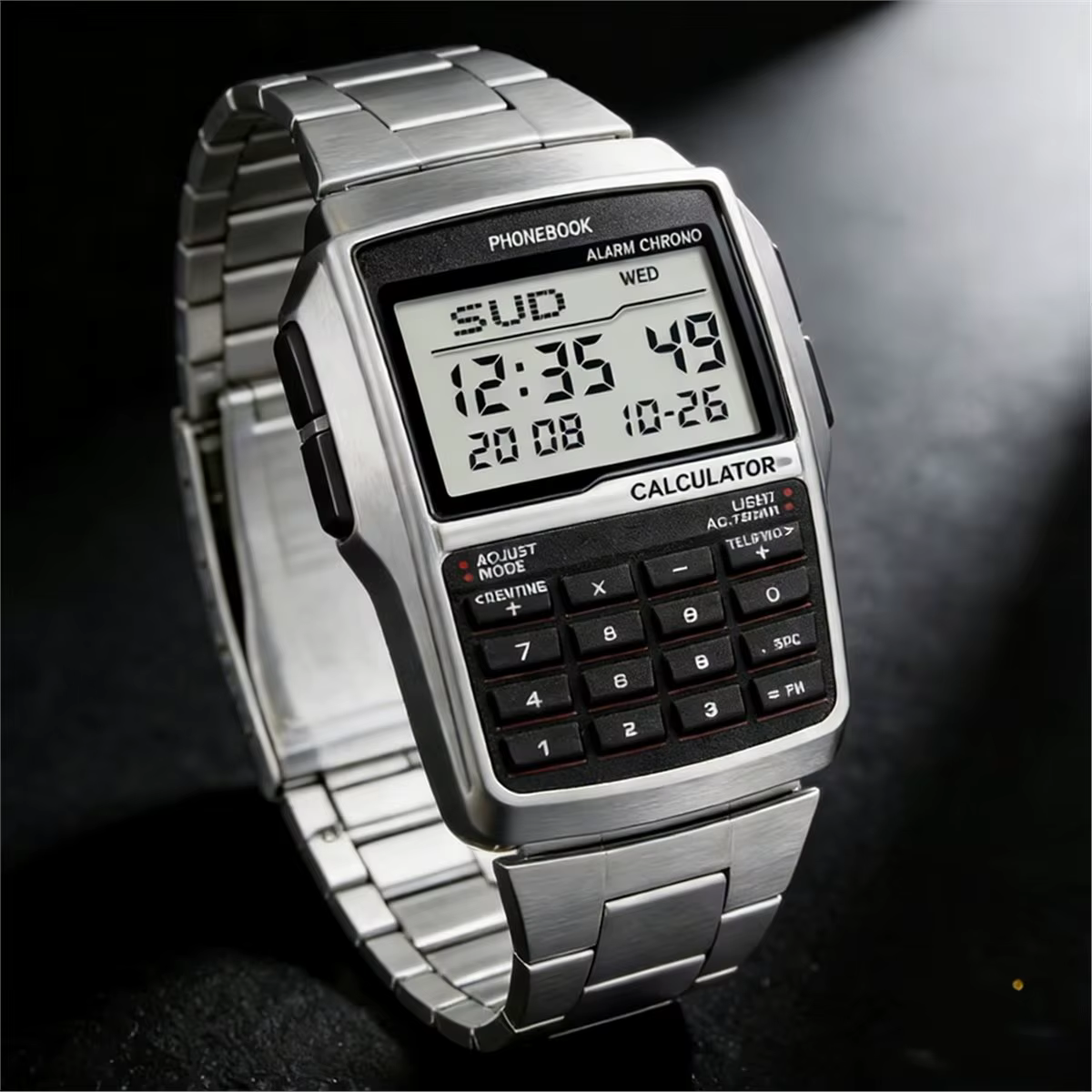(DT80) Montre calculatrice en acier inoxydable, montre LED multifonction lumineuse, montre en alliag