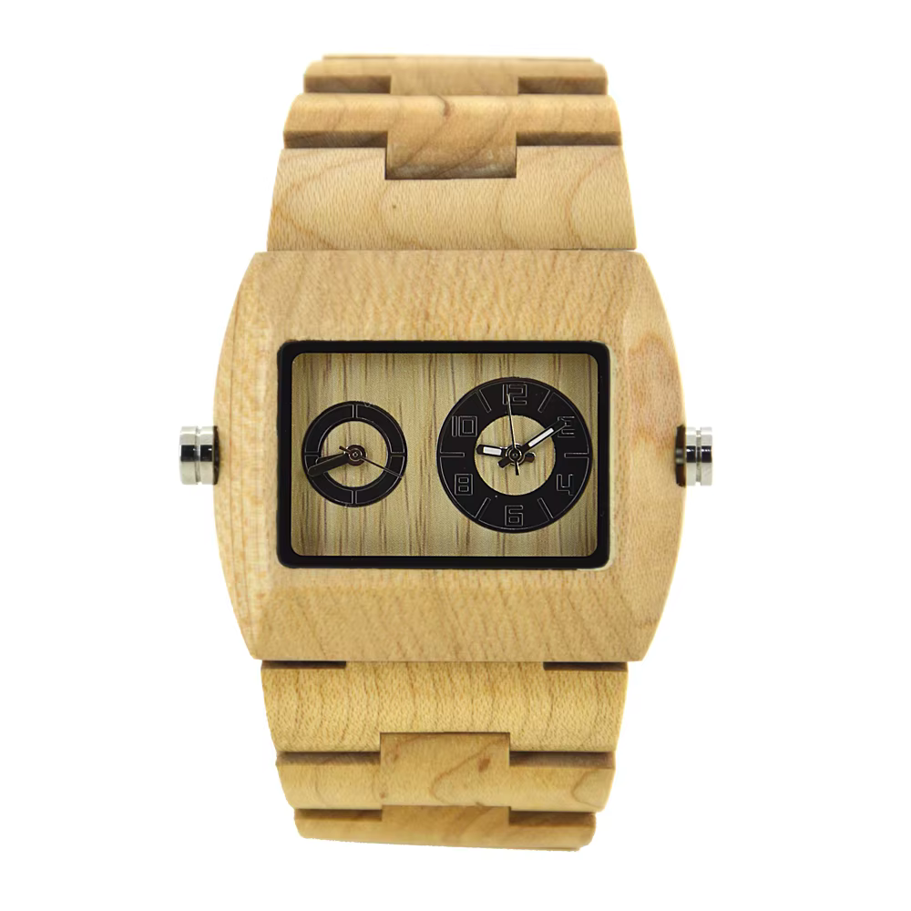 Montre Bracelet Homme en Bois Cadran Carré Rectangulaire Double Affichage Heure Quartz Style Profess