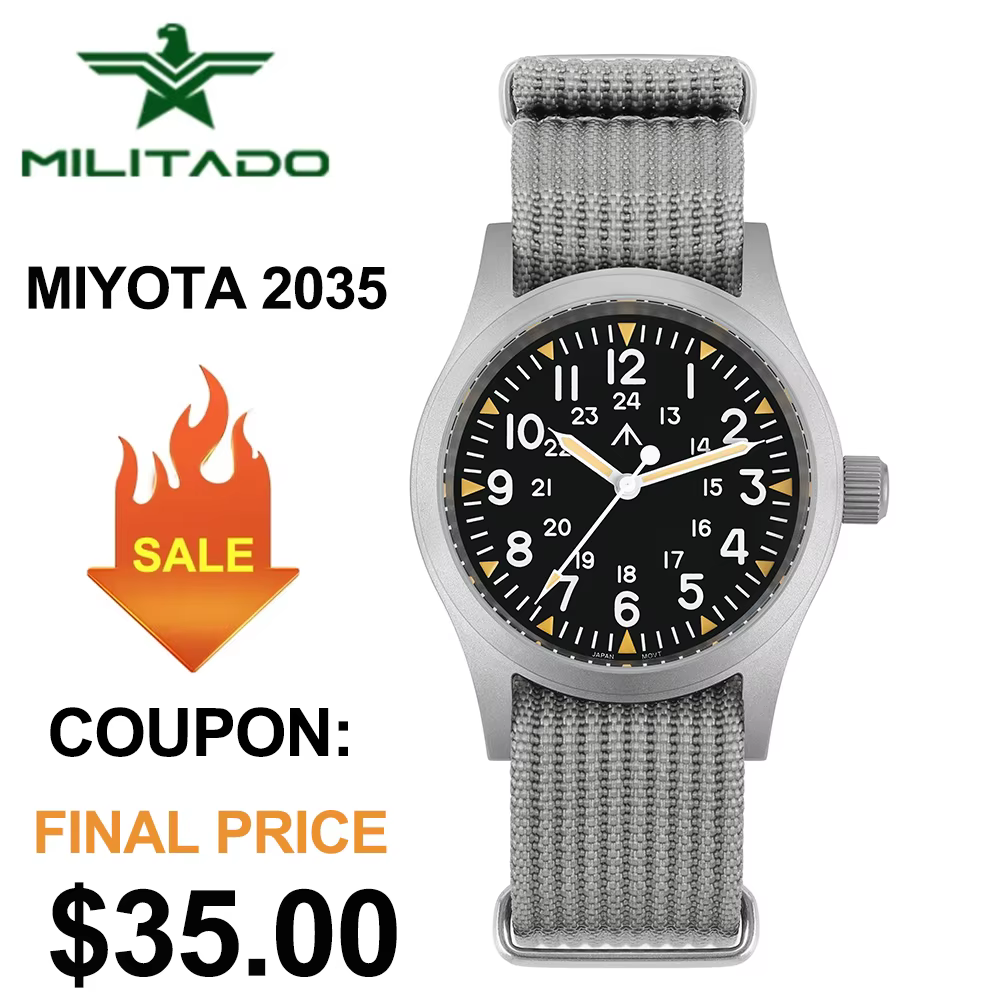 Militado ML05 38mm montre militaire mis5 2035 mouvement bombé saphir cristal C3 vert lumineux 10Bar 