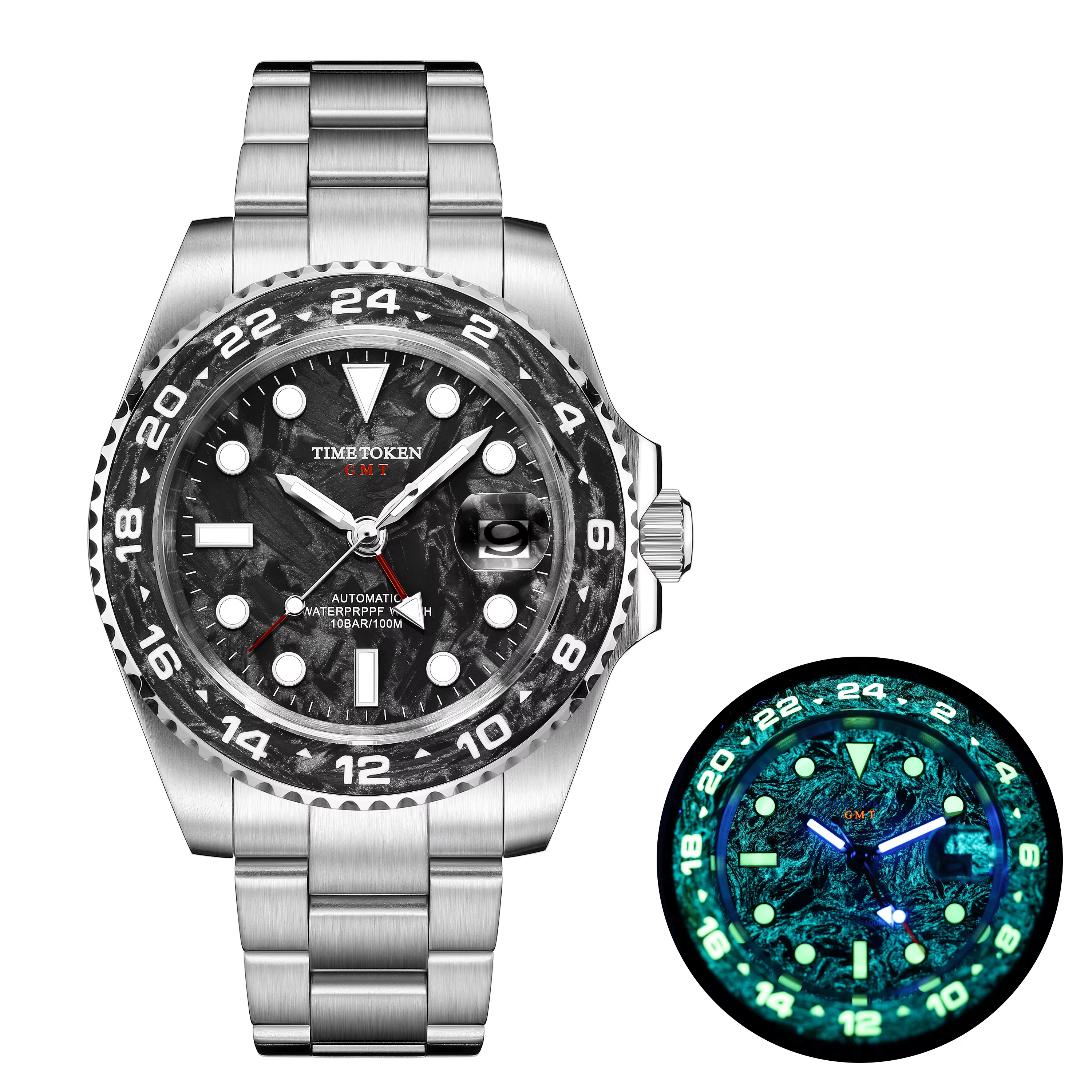 Montres TIME TOKEN GMT en fibre de carbone, saphir, mécaniques, étanches 10 bars, 40 mm, montre de p