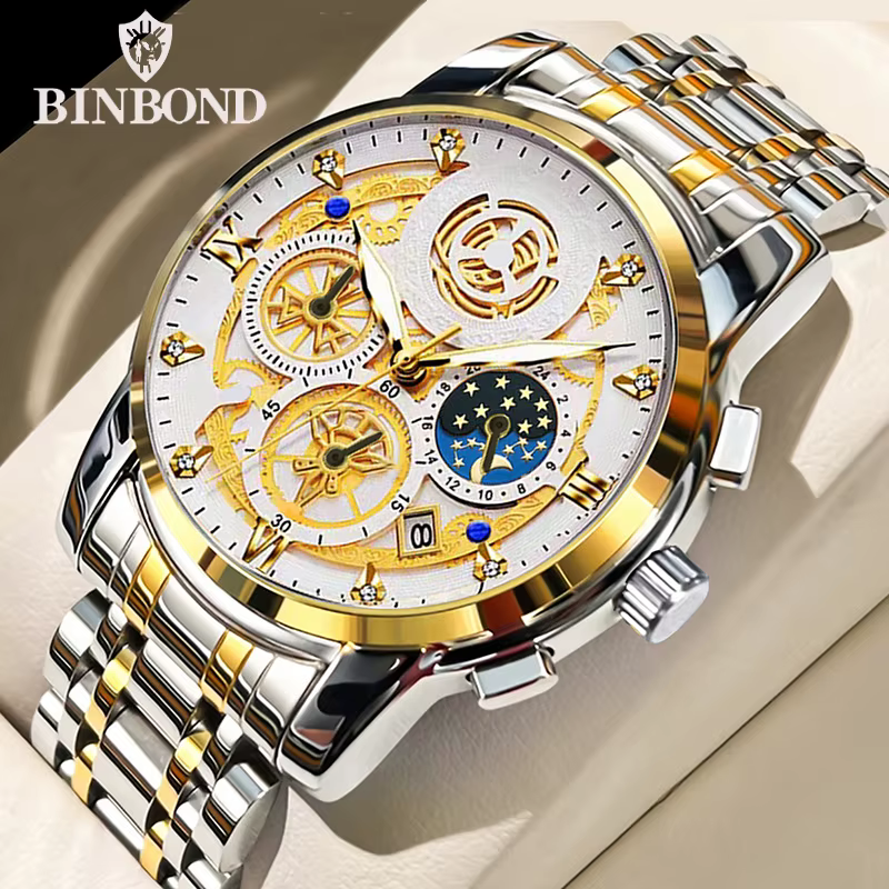 BINBOND luxe Quartz pour hommes montre bracelet en acier inoxydable cadran de luxe lumineux 30M étan