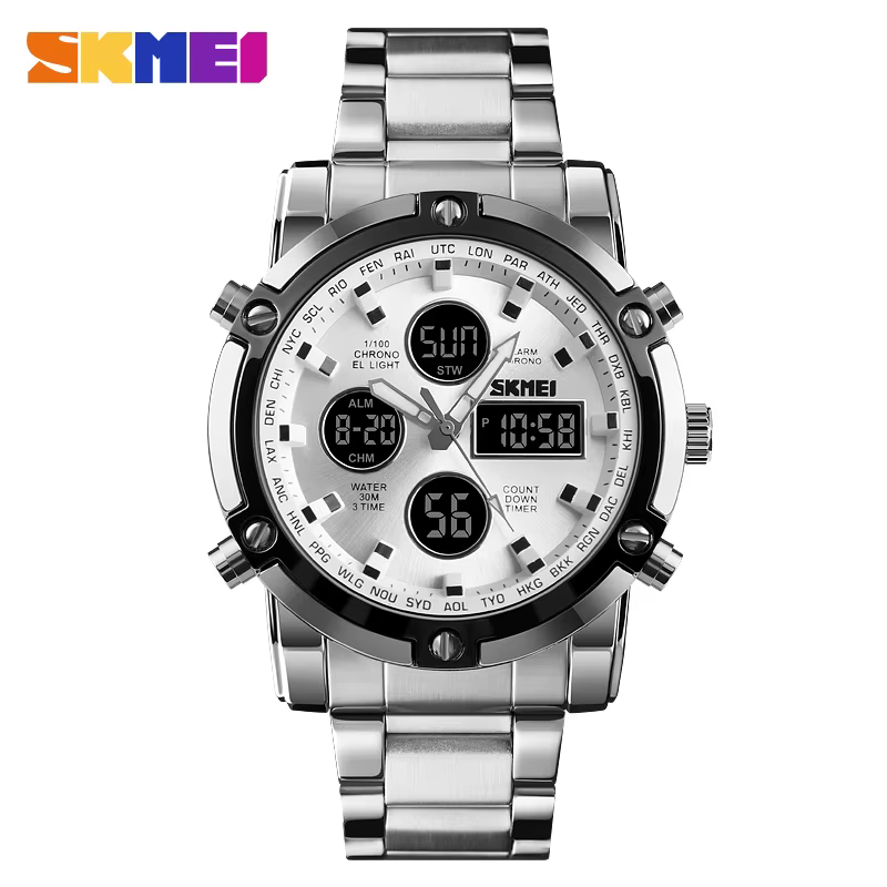 SKMEI 1389 Bracelet montre-Bracelet horloge montre à Quartz numérique hommes trois fois étanche Quar
