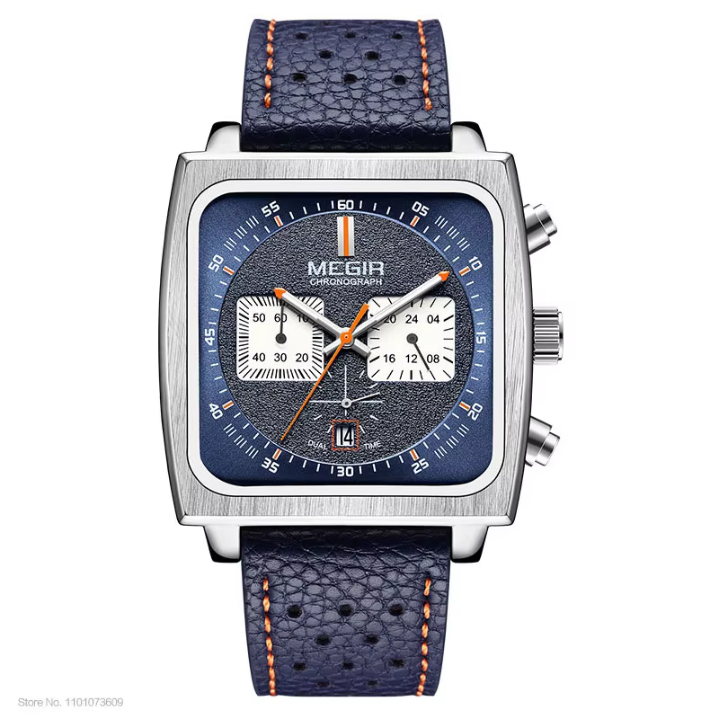 Montre MEGIR à cadran carré bleu pour homme, bracelet en cuir sport décontracté, chronographe à quar