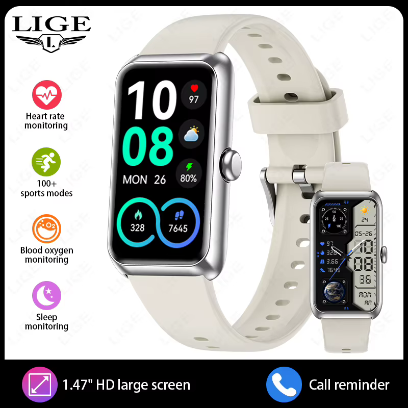 Montre connectée LIGE 1,47 pouces avec cadran personnalisable, moniteur de fréquence cardiaque, suiv