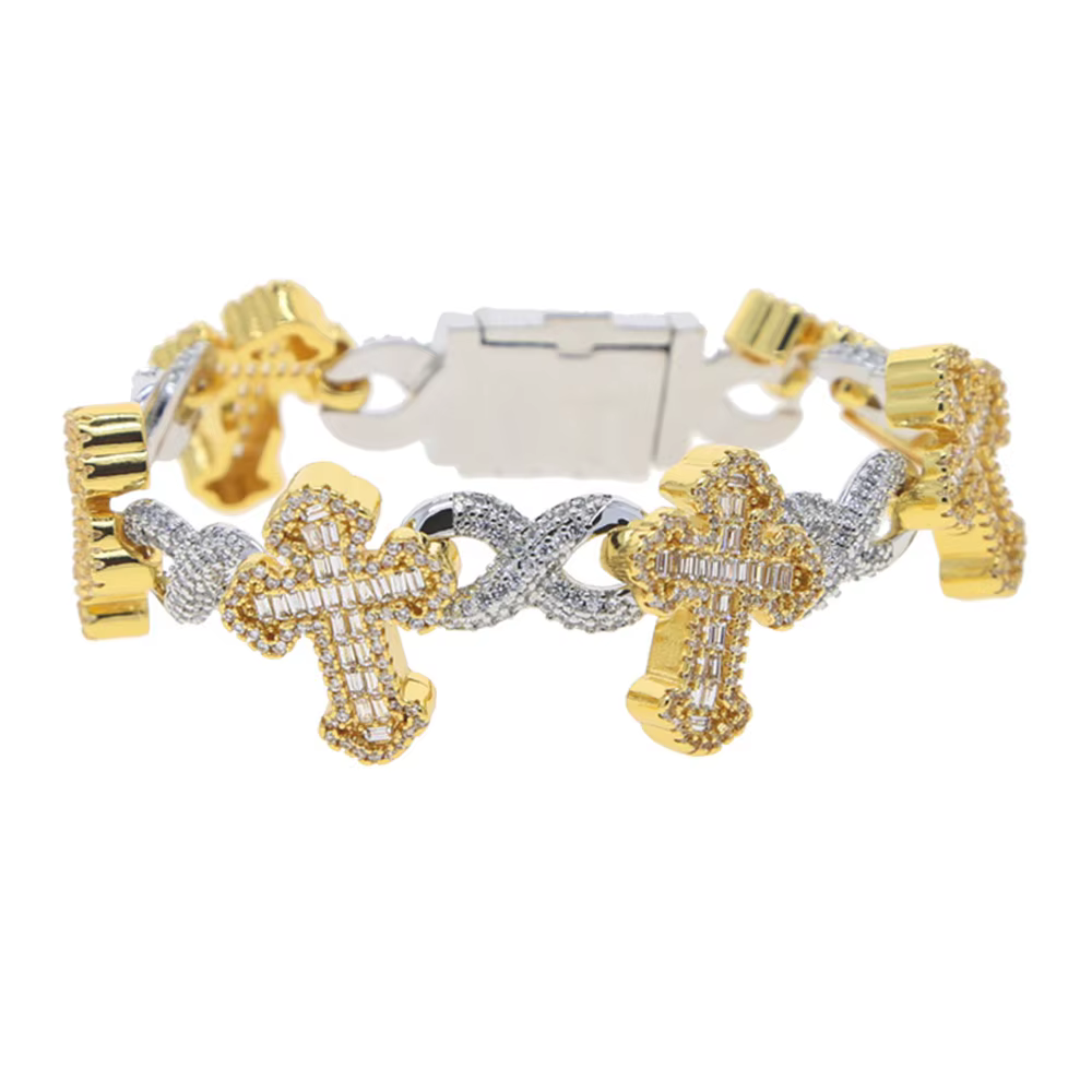 Bracelet à maillons infini pour hommes et femmes, chaîne cubaine en zircone cubique, bicolore, bijou