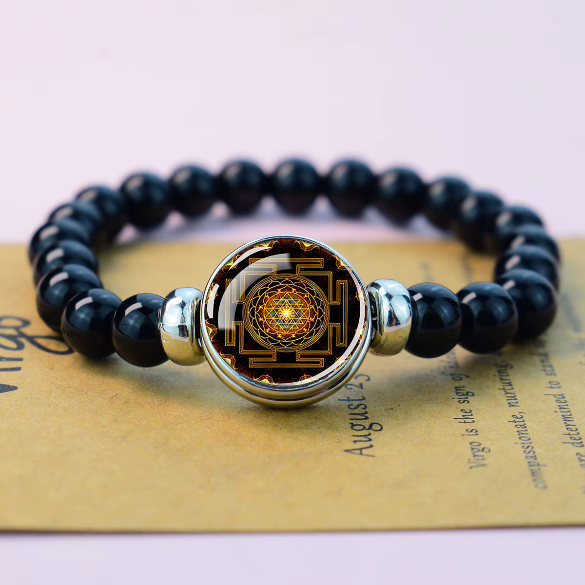 Bracelet extensible en perles noires spirituelles Mandala Sri Yantra, bracelet de méditation yoga av