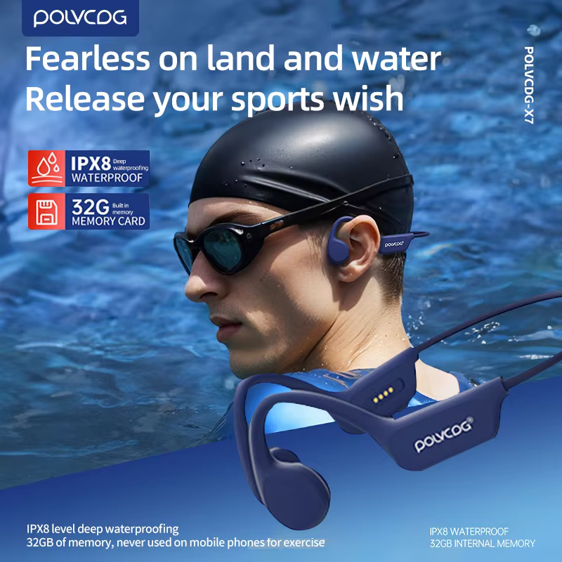 POLVCDG casque à Conduction osseuse IPX8 32GB Bluetooth 5.3 casque sans fil avec microphone étanche