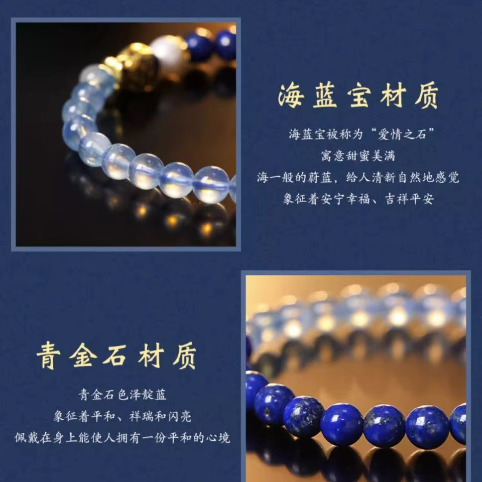 Bracelet aigue-marine en argent regardé 999 pour femme, Lapis Ludéviation simple, perles à la main, 