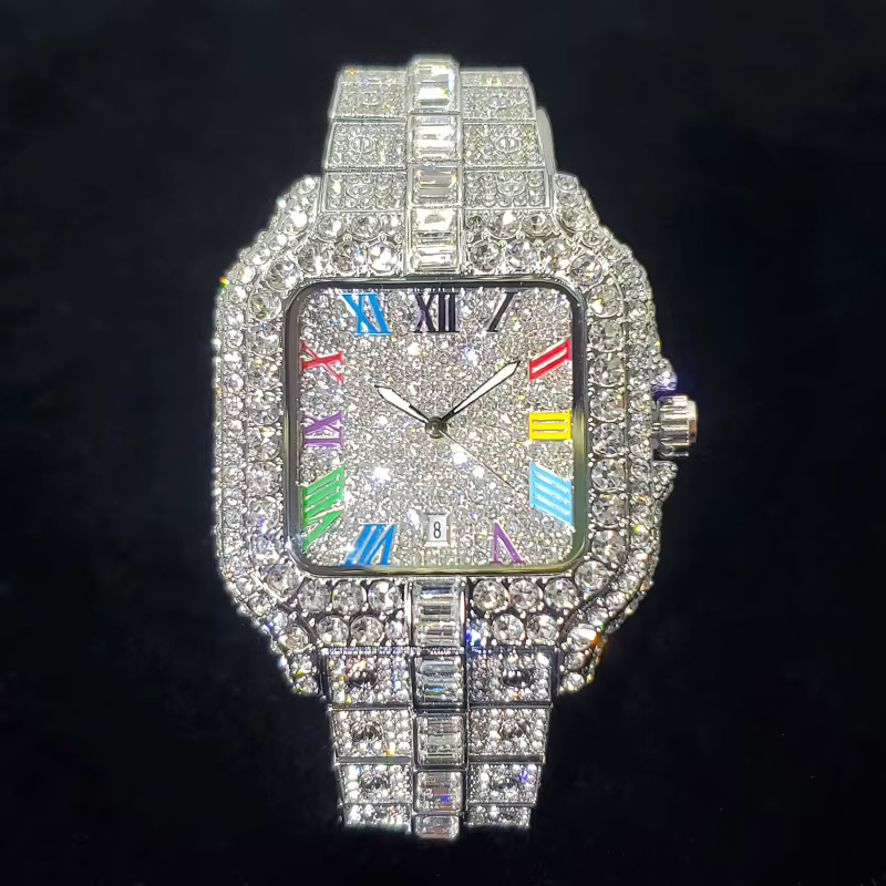 Montre en diamant de luxe pour hommes, montres numérotées colorées carrées glacées, bijoux Hip Hop B