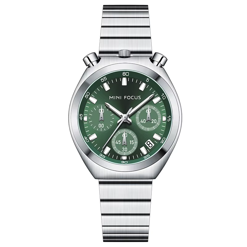 Montre MINI FOCUS en quartz argent et vert pour femme, bracelet en acier inoxydable, chronographe, a