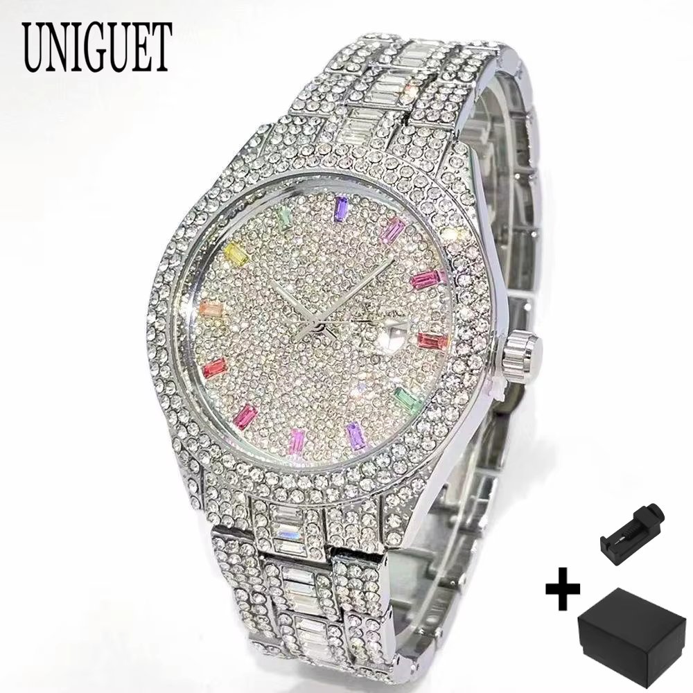 UNIGUET mode montre de glace pour hommes de luxe argent Quartz horloge Hip Hop couleur diamant bijou
