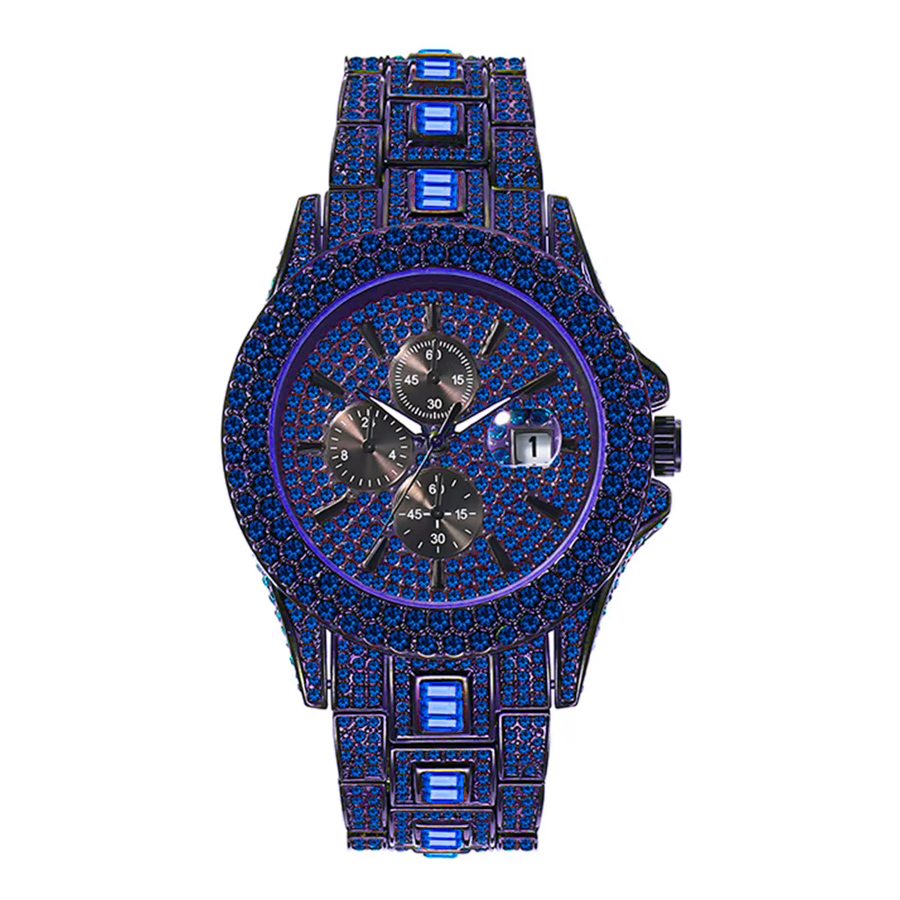 Montre à pierres précieuses bleues pour hommes, mode Unique, entièrement en cristal, en acier inoxyd