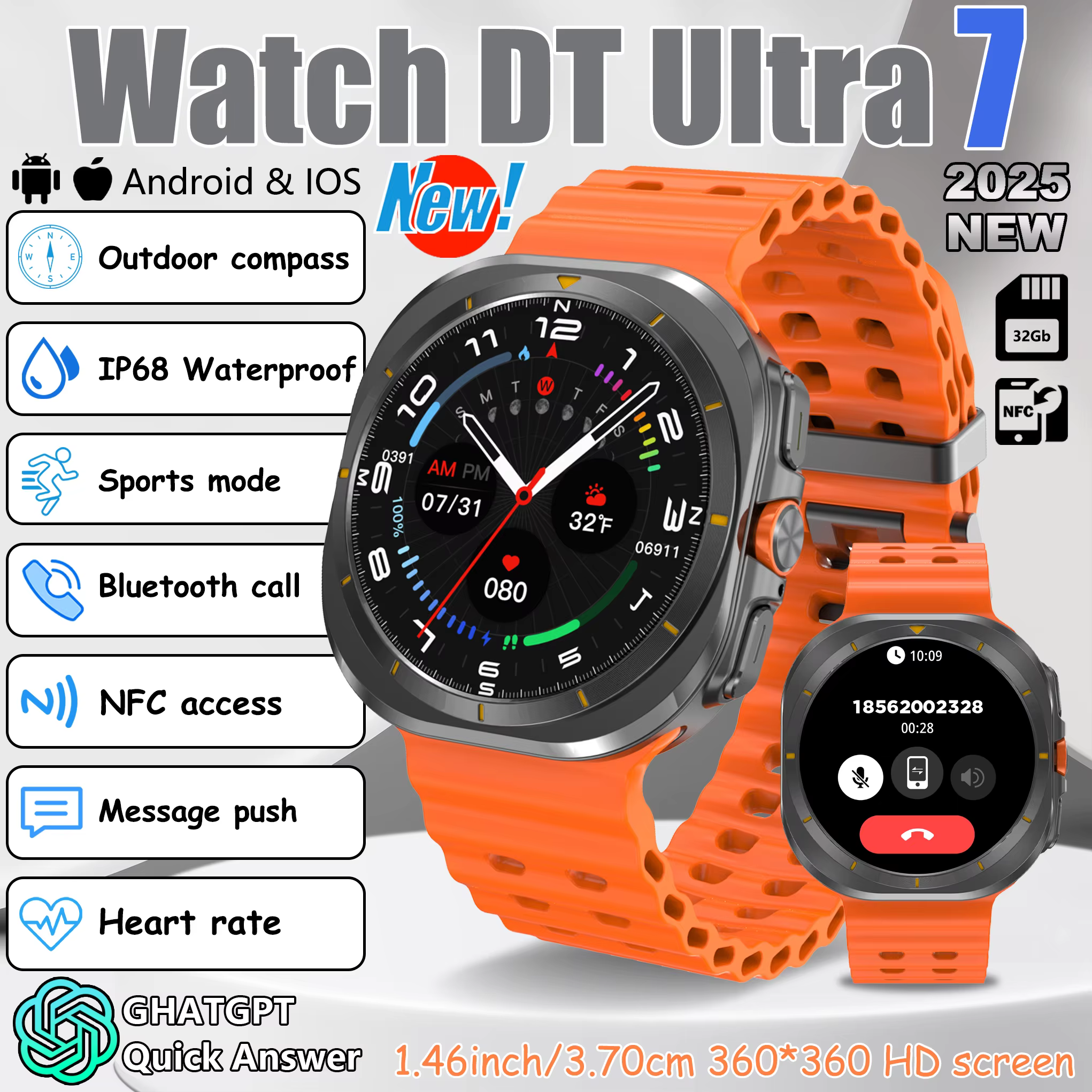 2025 nouvelle montre intelligente pour hommesUltra7 avec fréquence cardiaque boussole NFC lecteur de