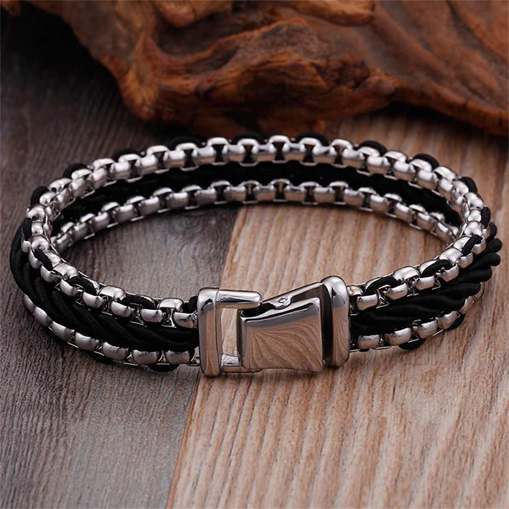 Bracelet en corde de nylon tressée vintage pour hommes, 12 mm de large, maillons en acier inoxydable