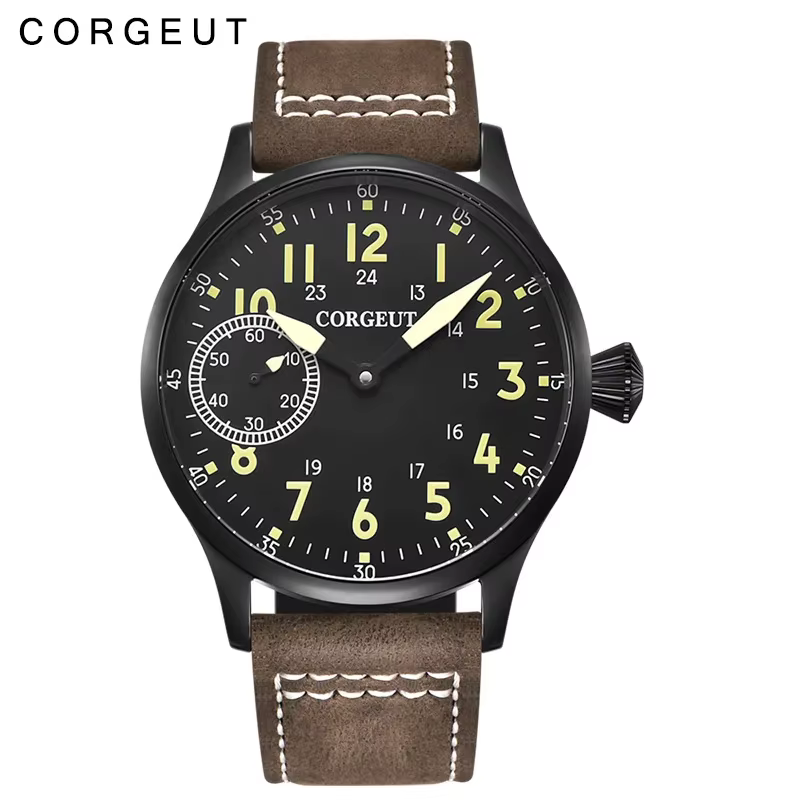 Corgeut 44mm cuir lumineux mécanique remontage manuel montre pour hommes 17 bijoux ST3600 mouette 64