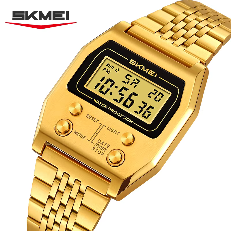 SKMEI 2460 montre numérique de sport étanche pour hommes en acier inoxydable de luxe rétro LED révei