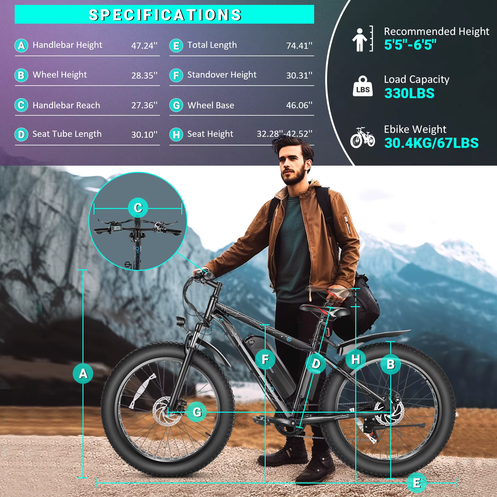 Vélo électrique Vivi F26FUL 26" x 4.0 Fat Tire avec moteur 500W, batterie amovible 48V 13Ah, 7 vites
