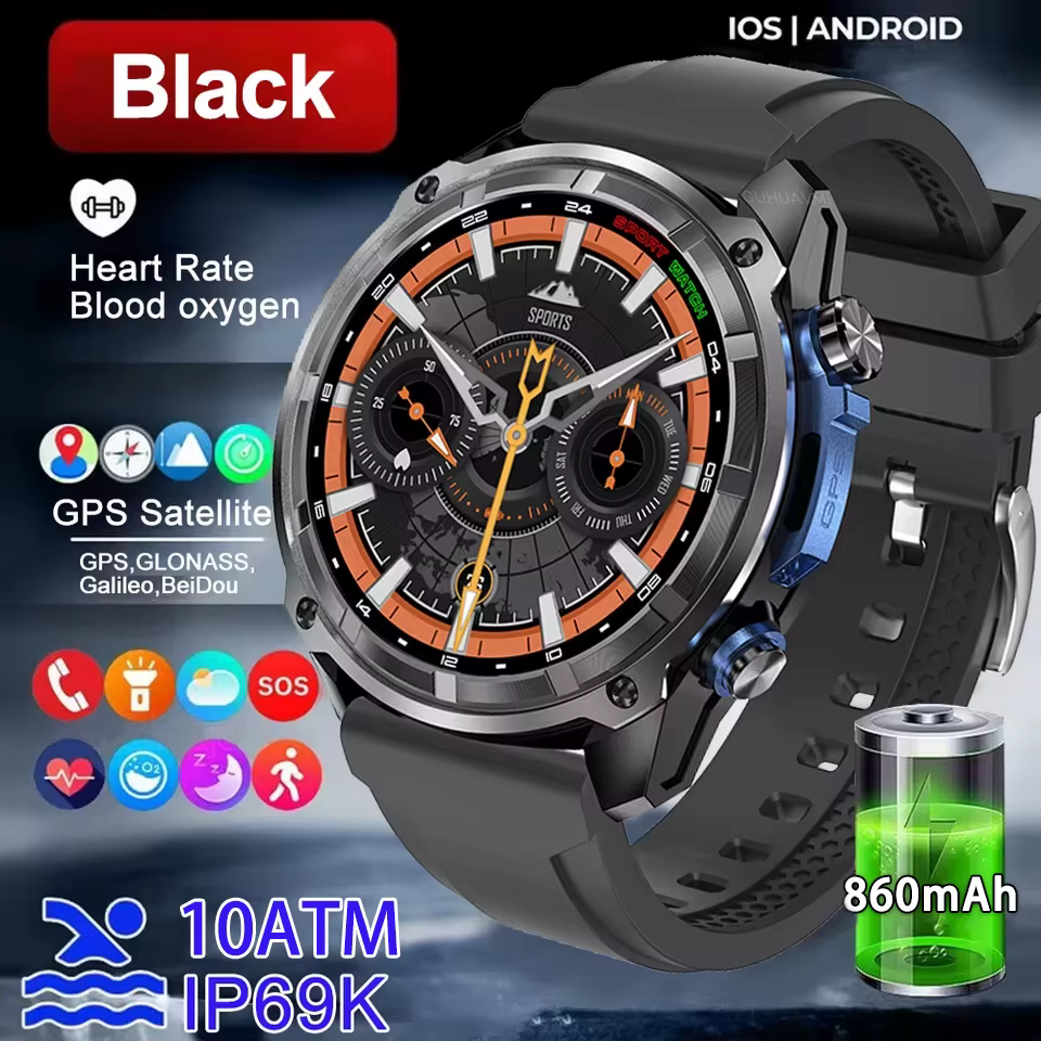 Montre connectée pour hommes, GPS précis, cartes hors ligne, boussole, mémoire de 4 go, batterie 860