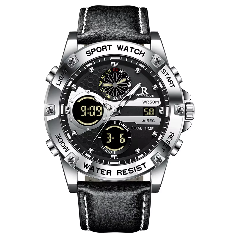 Montre à Quartz à grand visage pour hommes, avec double affichage, bracelet en cuir véritable, montr