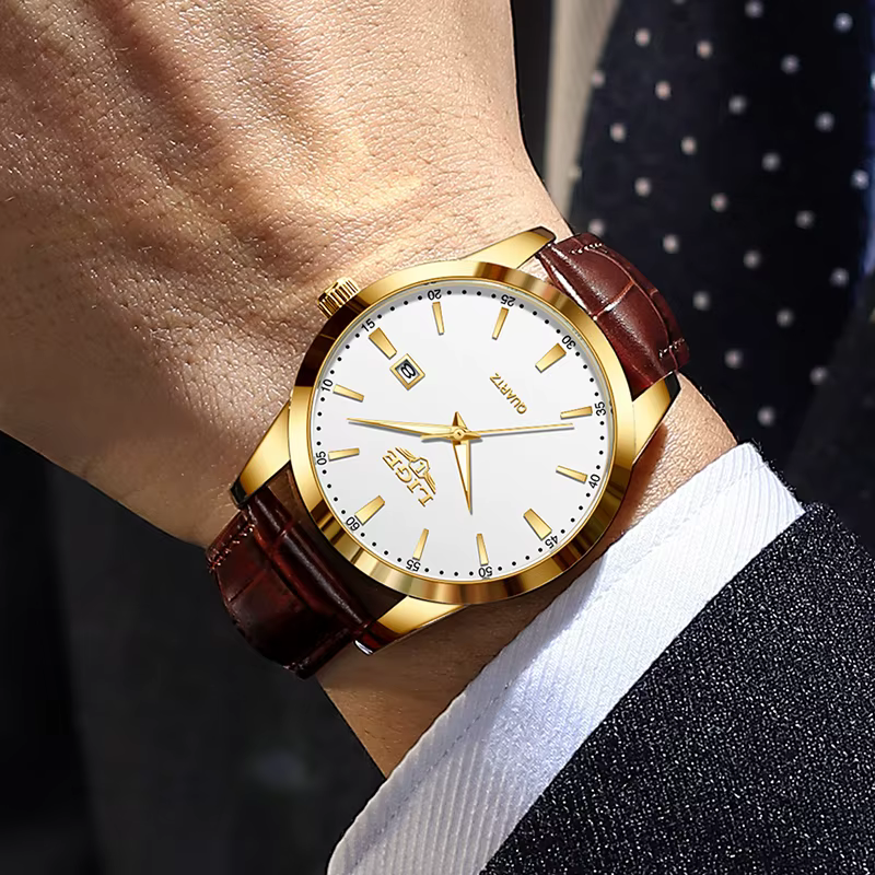 Montre LIGE en cuir marron pour homme, style militaire, sport, quartz, décontractée, étanche, chrono