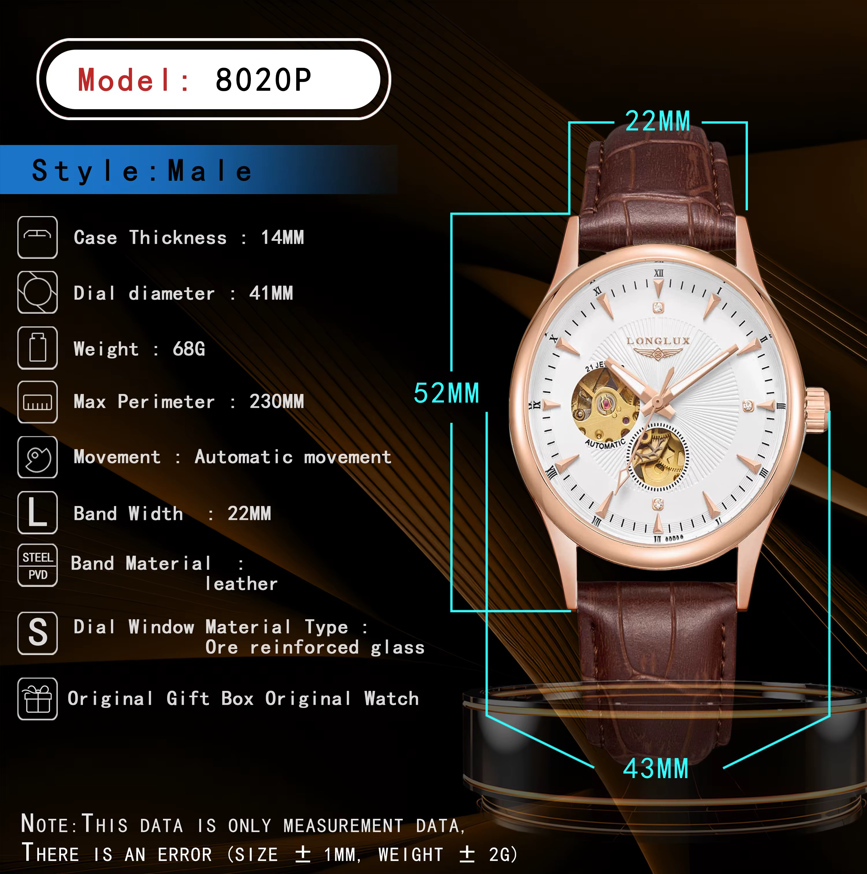 LONGLUX montre automatique style élégant en gros montres mécaniques squelette rome étanche montre po