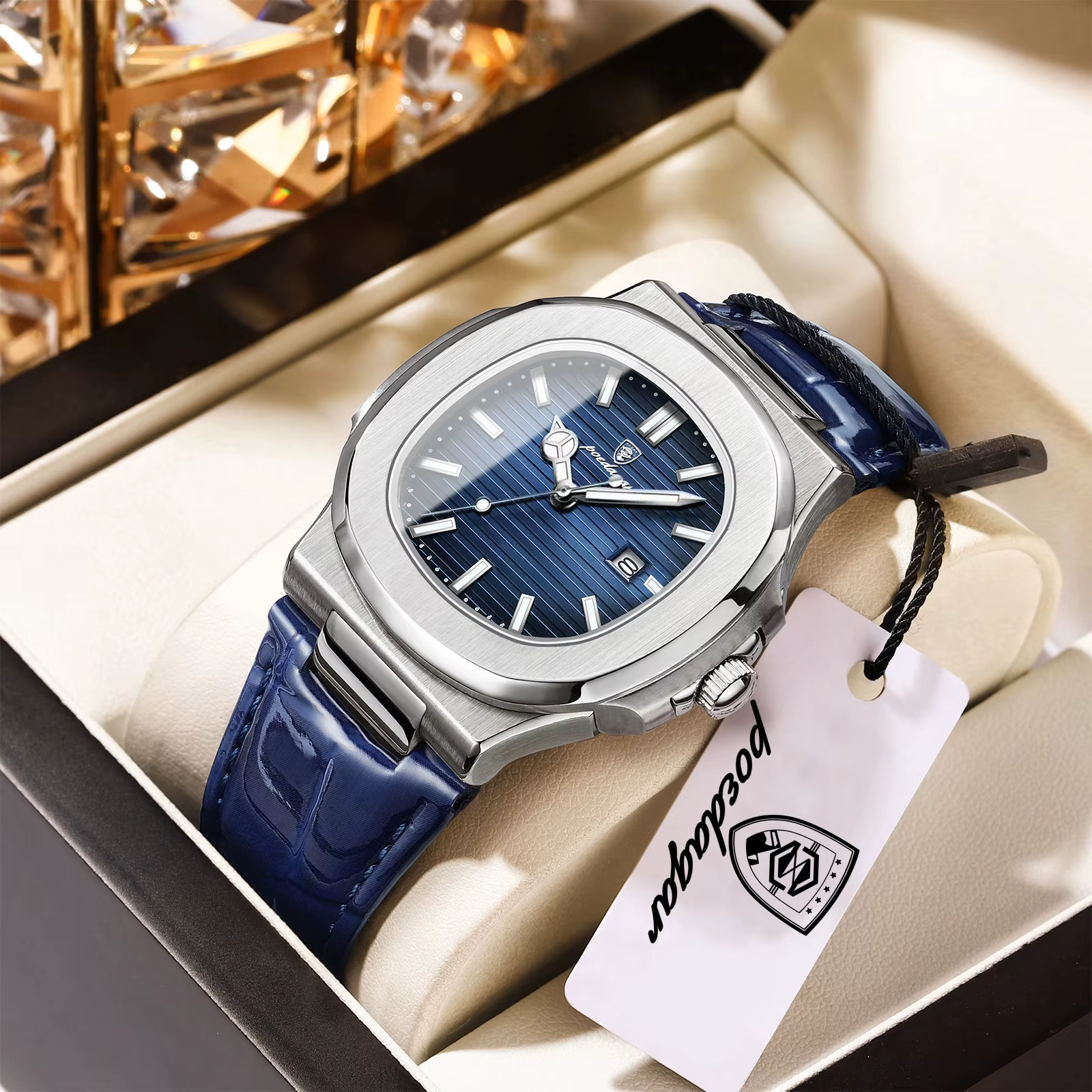 POEDAGAR Top carré homme montre Date étanche lumineux luxe hommes montre-bracelet de haute qualité e