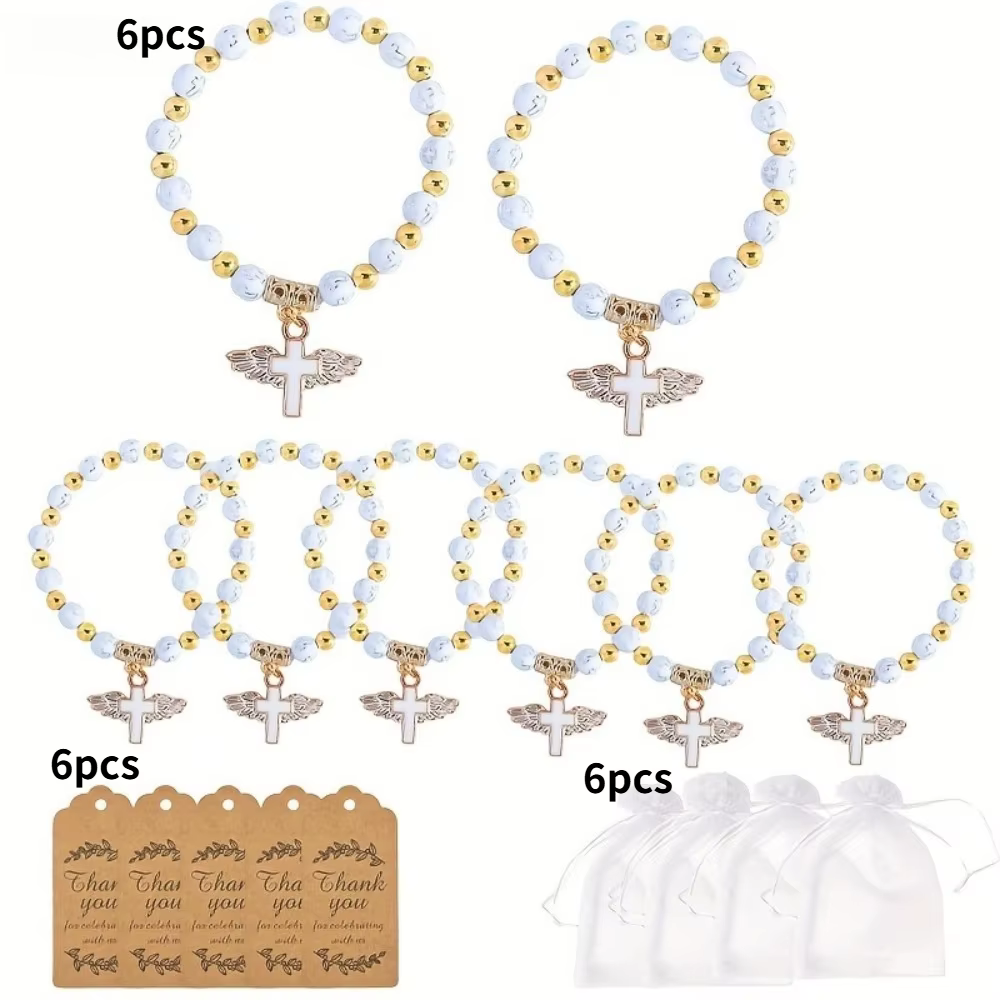 6/12 ensembles de bracelets de baptême en gros, bracelets perlés avec ailes d'ange et croix, avec ét