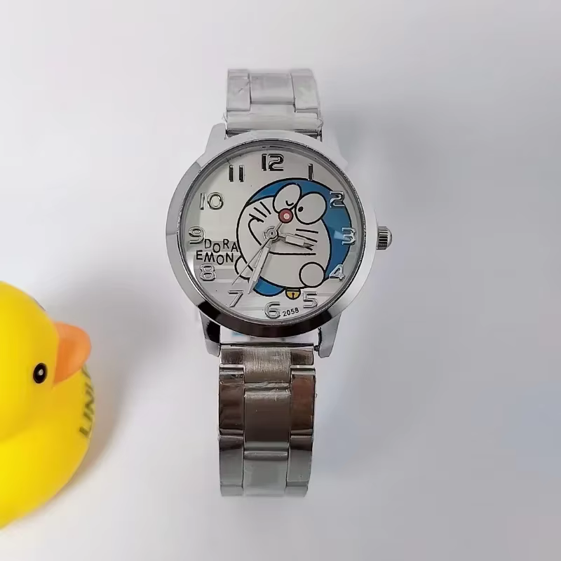 Montre Anime Doraemon Or et Argent pour Enfants, Garçons et Filles, Montre en Acier pour Étudiants e