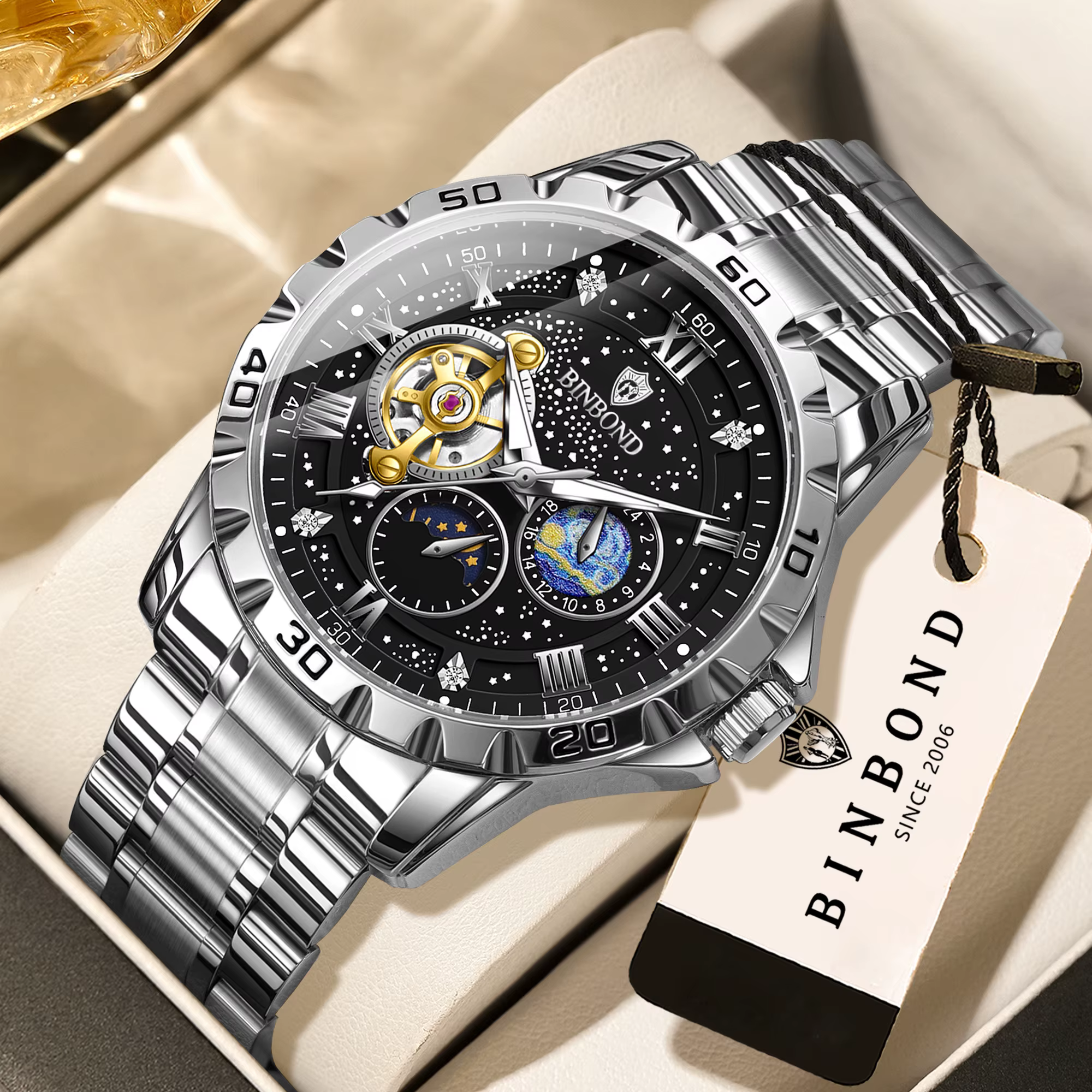 Montres mécaniques BINBOND pour hommes, luxe, tourbillon, lumineuses, étanches, automatiques, squele