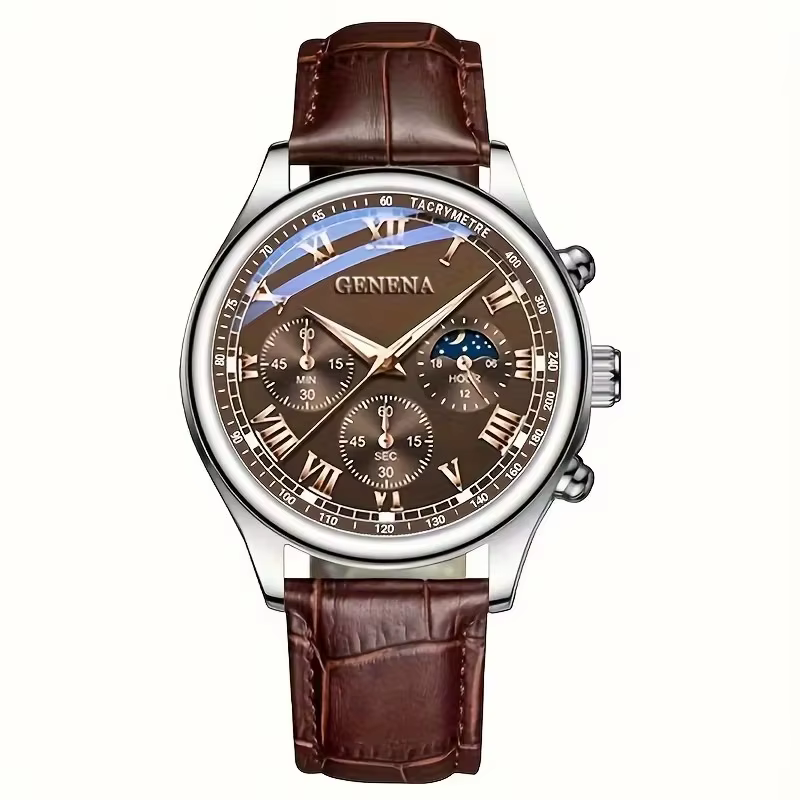 Montre de sport à quartz Geneva Business Watch, montre de loisirs pour homme, bracelet marron noir, 