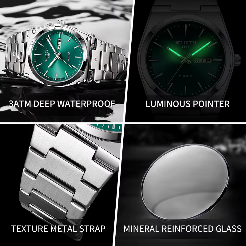 Homme montre montre à Quartz de luxe étanche lumineux Date semaine en acier inoxydable montre pour h
