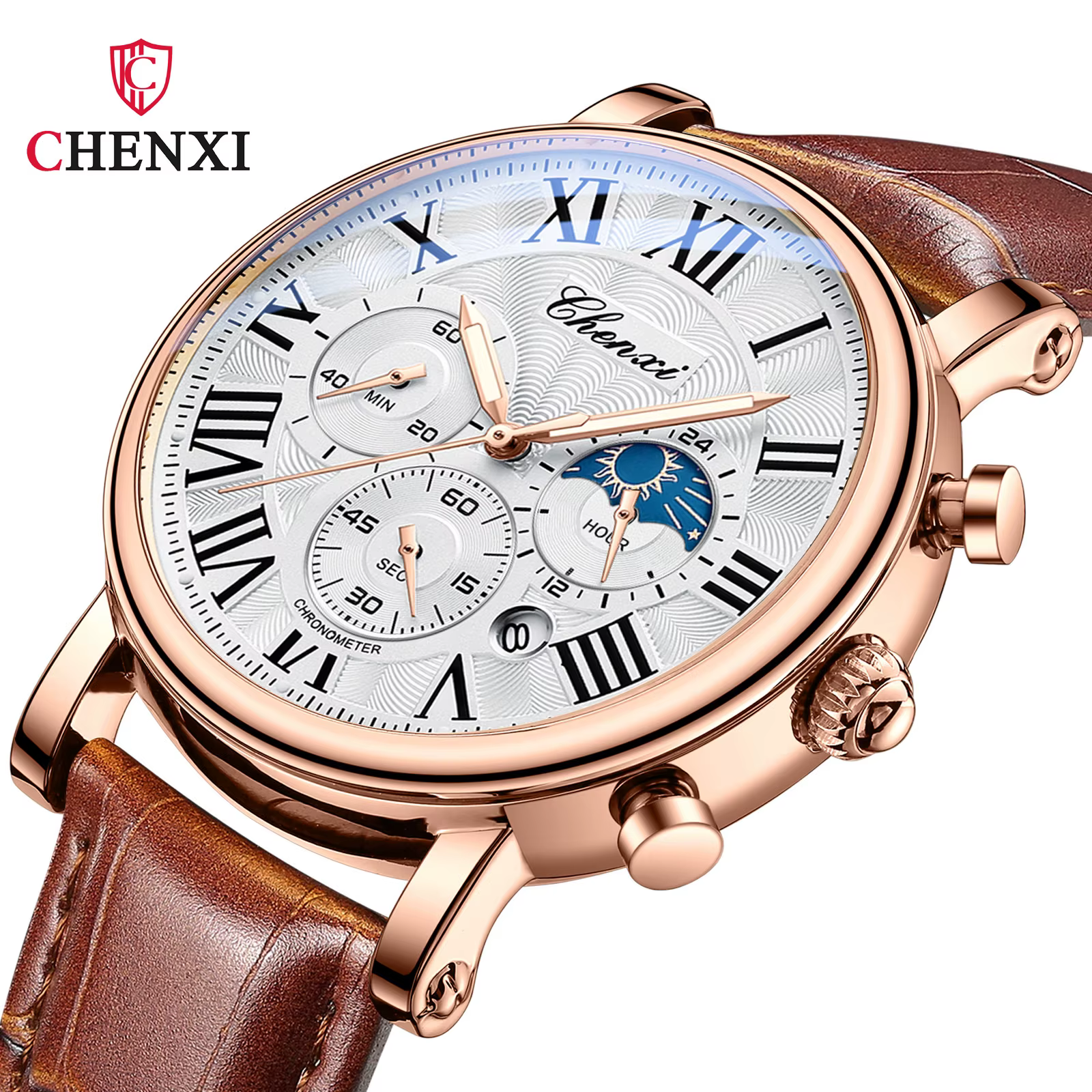 CHENXI 973 multi-fonction affaires Phase de lune Date étanche Rome analogique importé hommes montre-