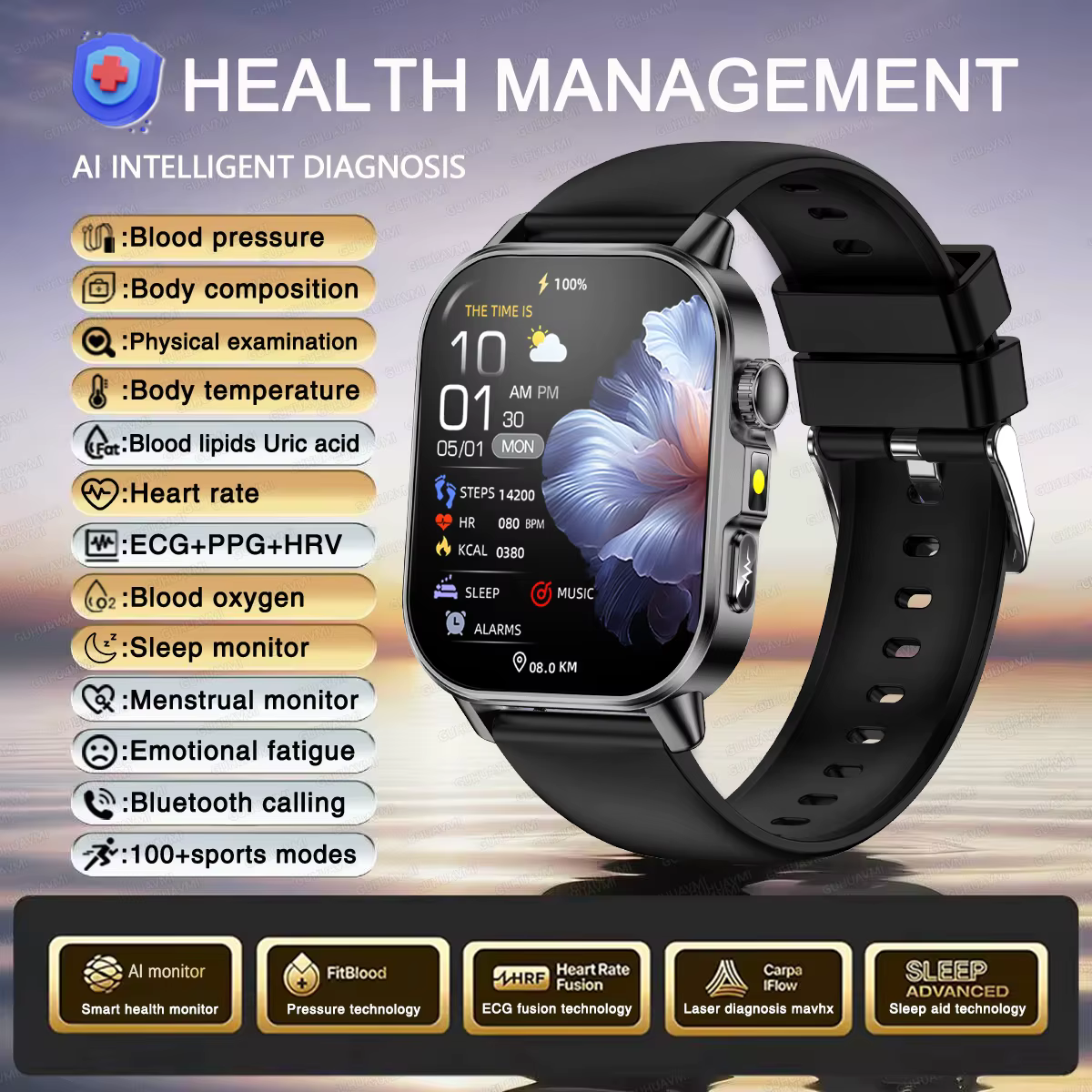 Nouvelle montre connectée pour hommes avec diagnostic ECG précis, surveillance de l'acide urique, de