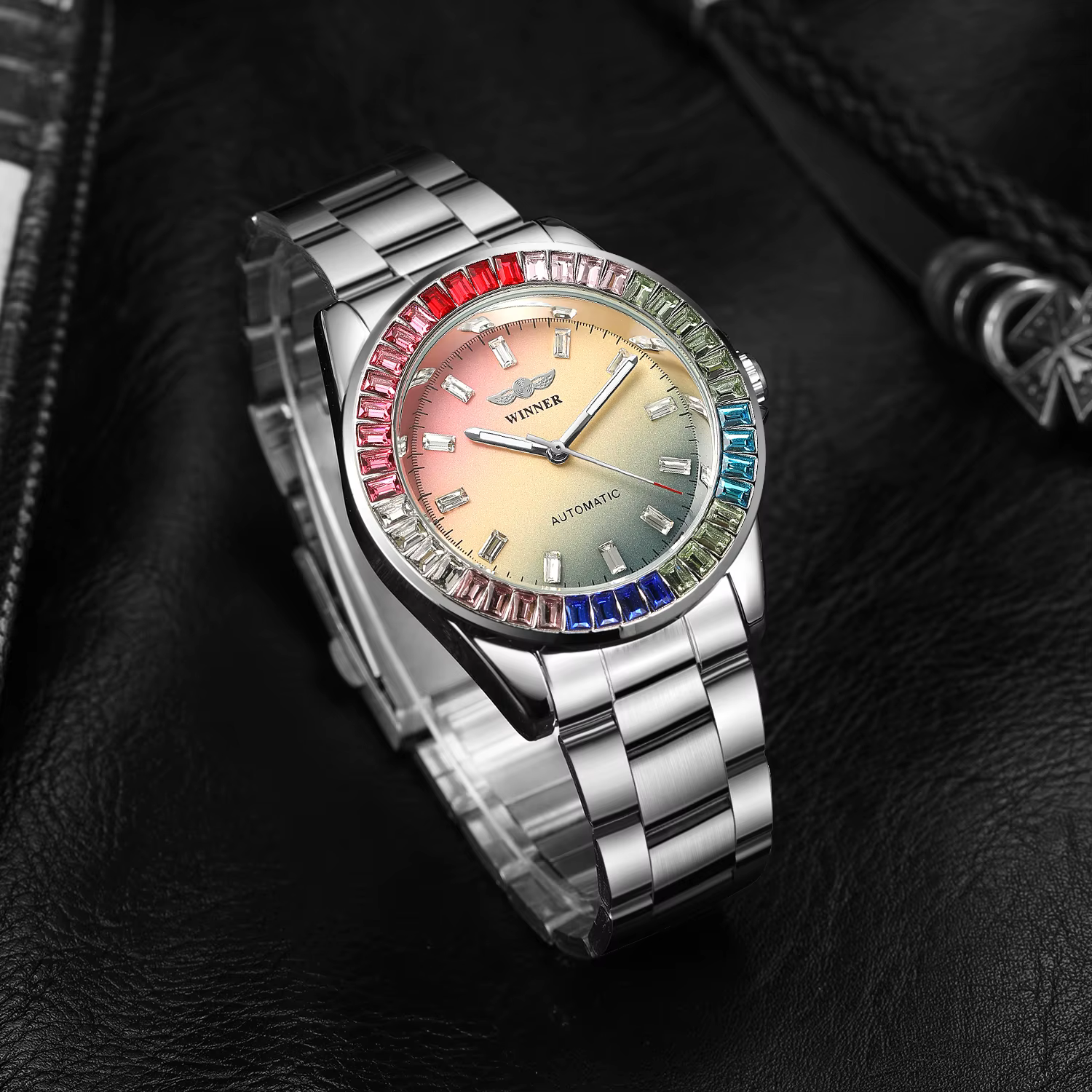 2024WINNER Original diamants colorés mécanique étanche montre pour hommes mouvement automatique en a