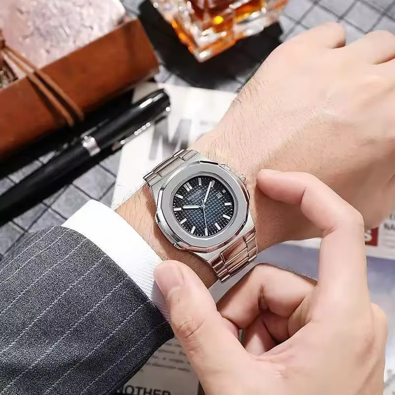 Montre de luxe pour hommes, mode décontractée, grand cadran, argent, acier inoxydable, calendrier, Q