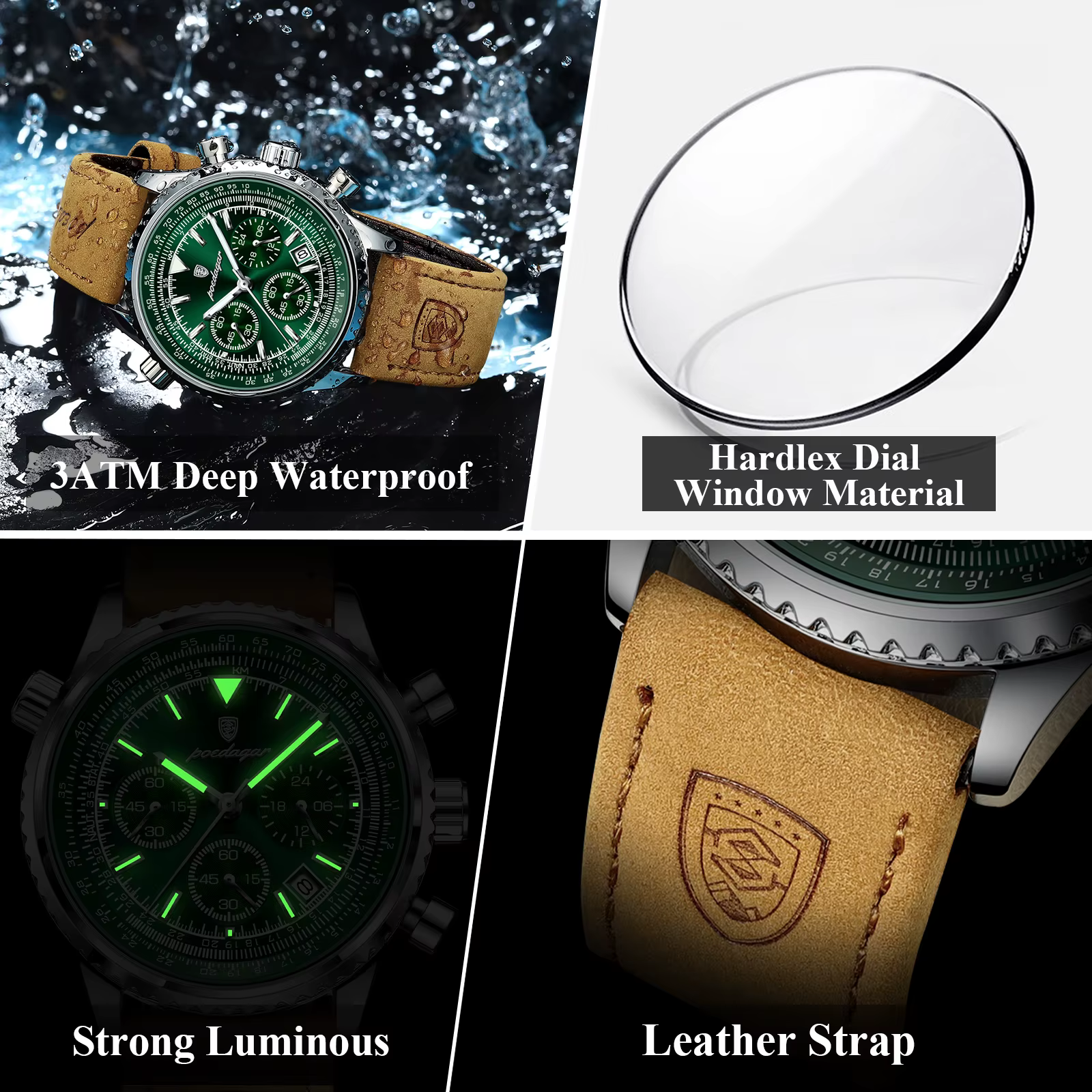 POEDAGAR montre pour hommes d'affaires de luxe étanche lumineux Date chronographe en cuir homme horl
