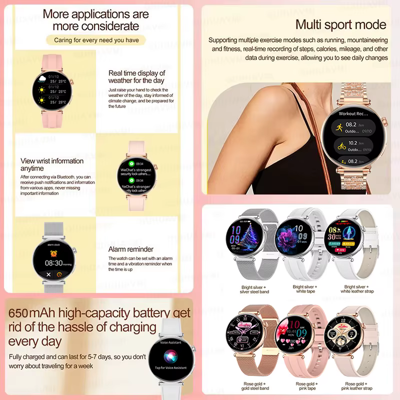 Femmes Smartwatch 1.32 pouces AMOLED écran appel ECG Sport montre pression artérielle Micro examen p