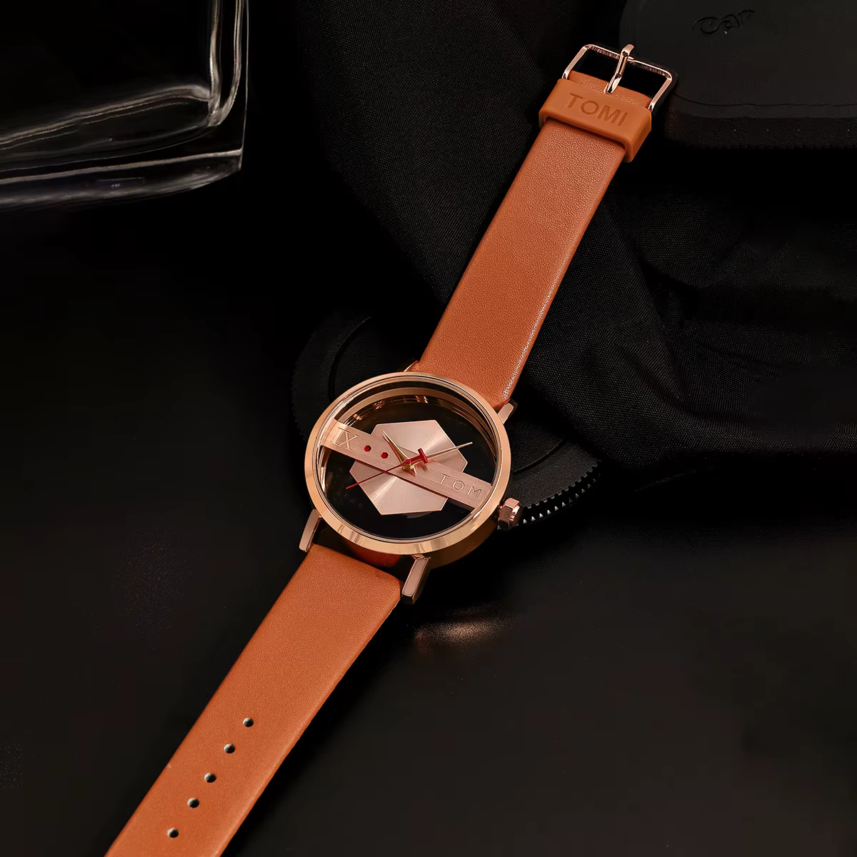TOMI – bracelet de montre en cuir pour hommes, à la mode et minimaliste, Perspective creuse personna