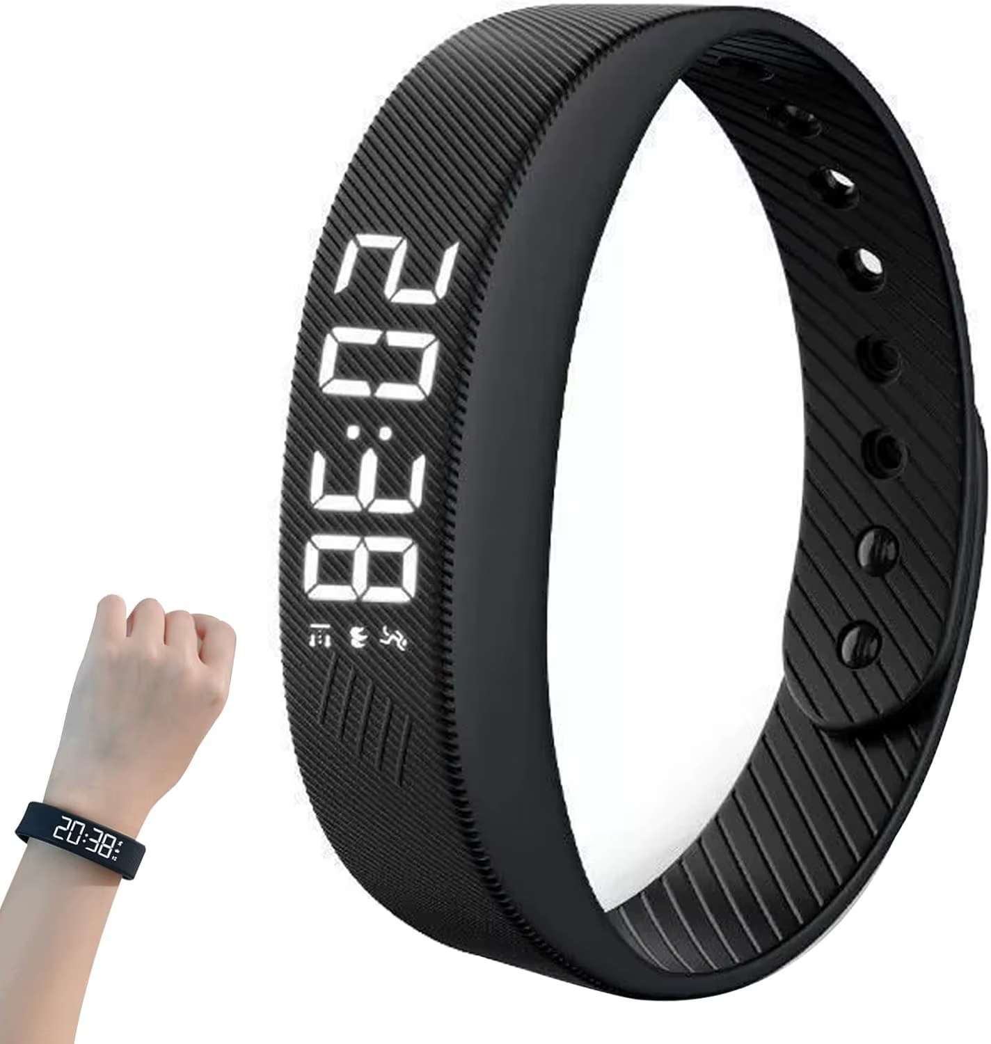 Bracelet Réveil Numérique LED Noir avec Podomètre et Alarme Vibrante, Réglable et Anti-Snooze