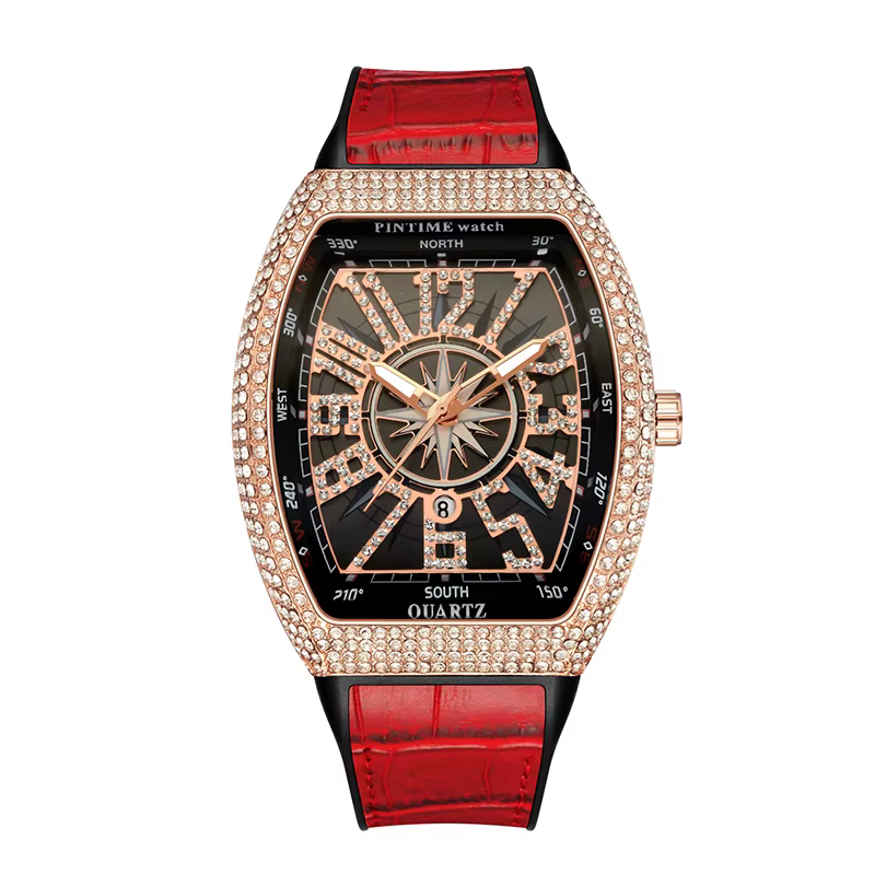 Montre de luxe pour homme, entièrement sertie de diamants, or rose, bracelet en cuir bleu, montre à