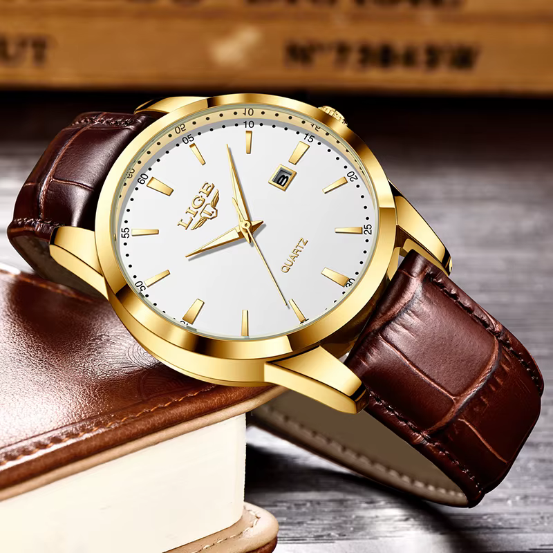 Montre LIGE en cuir marron pour homme, style militaire, sport, quartz, décontractée, étanche, chrono