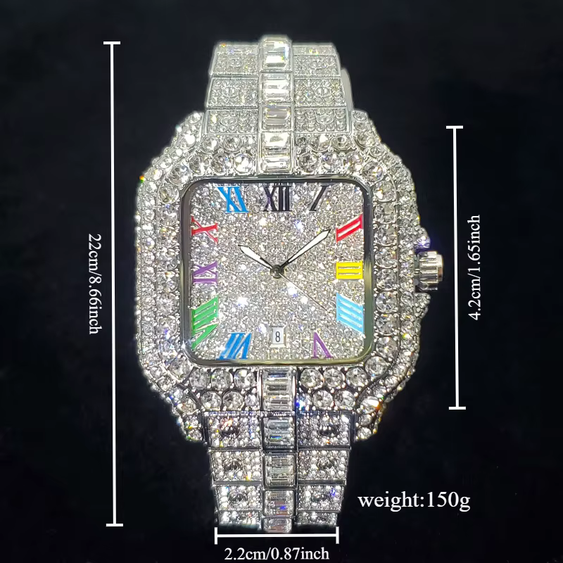 Montre en diamant de luxe pour hommes, montres numérotées colorées carrées glacées, bijoux Hip Hop B