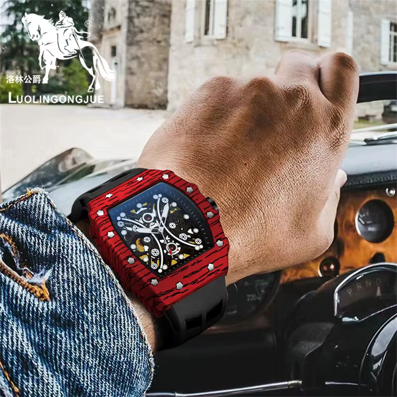 Montre mécanique automatique haut de gamme, élégante, de forme tonneau pour homme, design ajouré, st