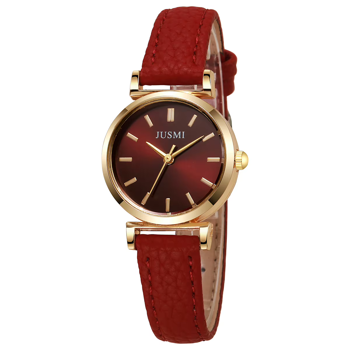 JUSMI Montre élégante mini ronde pour femme - Cadran dégradé bordeaux, boîtier doré, bracelet en cui