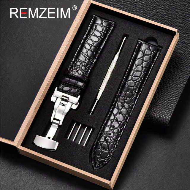 Bracelet de montre en cuir gaufré avec boîte, bracelet de montre, bracelet à fermoir papillon, acces