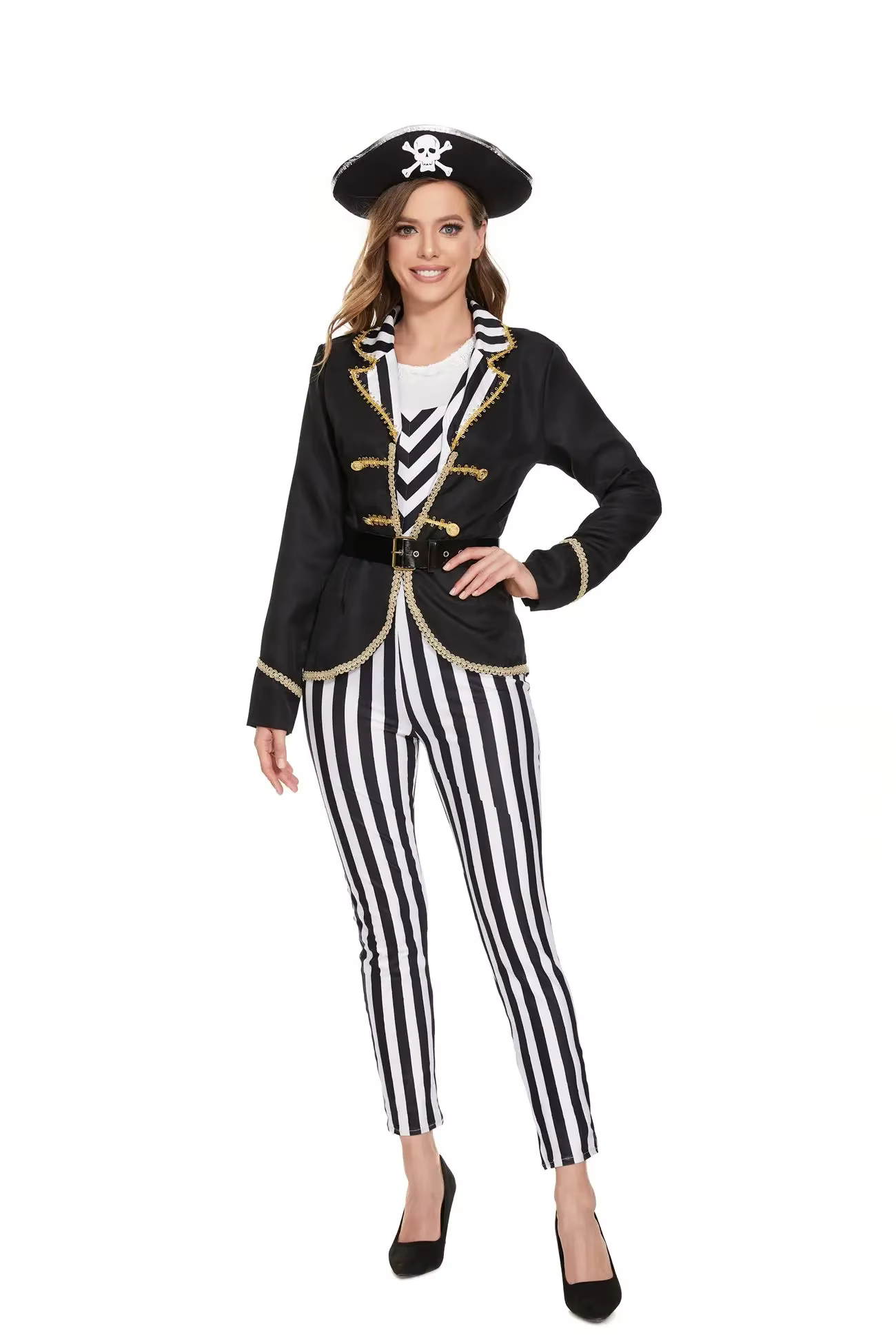 Costume de capitaine pirate pour femmes, pantalon rayé noir et blanc, tenue de cosplay pour Hallowee