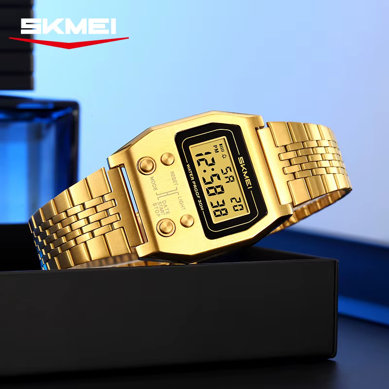 SKMEI 2460 montre numérique de sport étanche pour hommes en acier inoxydable de luxe rétro LED révei