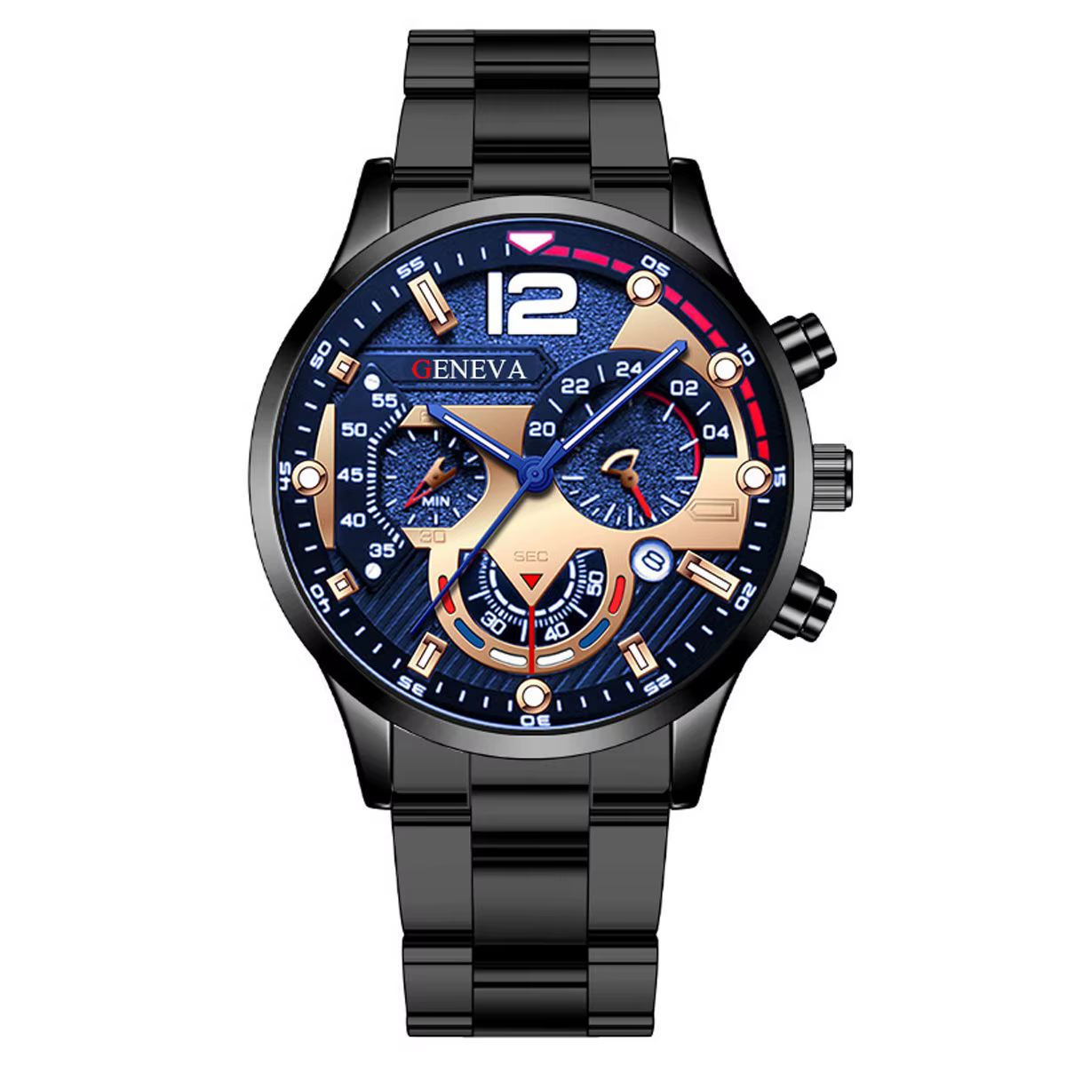Ensemble de montre à quartz pour hommes 8 pièces, avec un cadran circulaire noir, un bracelet, un co