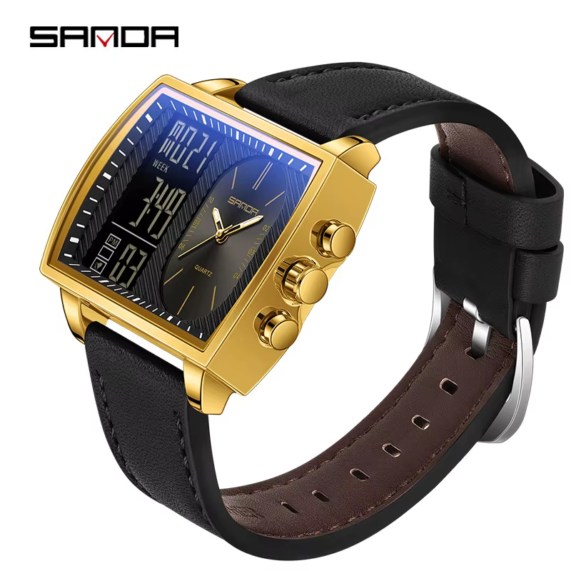 Montre-bracelet rectangulaire pour hommes, marque de luxe, horloge en acier inoxydable doré, double 