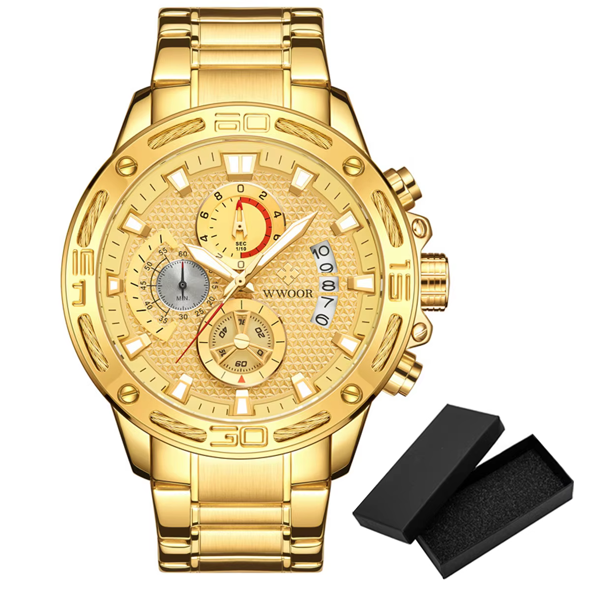 Wwoor-Montre à quartz en acier inoxydable doré pour homme, montres de sport étanches, chronographe d